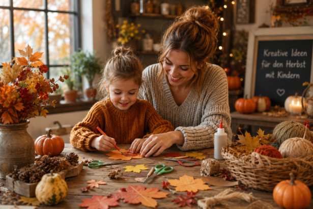 Mutter bastelt mit ihrer Tochter an einem Holztisch mit Herbstblättern, Kürbissen und Bastelmaterialien.