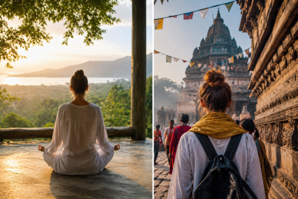 Geteiltes Bild mit einer Frau bei der Meditation in ruhiger Natur und einer Frau auf einer Pilgerreise vor einem Tempel.