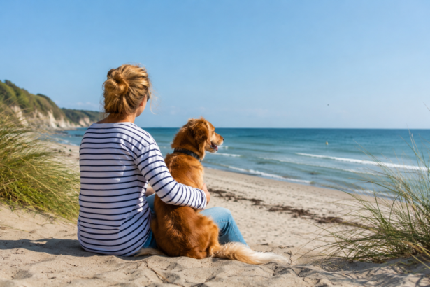Frau spaziert mit ihrem Hund an einem Sandstrand an der Ostsee entlang.