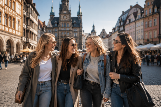 Vier Frauen laufen lachend durch eine historische deutsche Altstadt und genießen gemeinsam einen Städtetrip.
