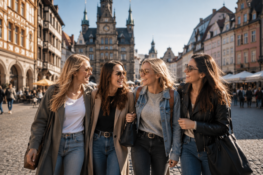 Vier Frauen laufen lachend durch eine historische deutsche Altstadt und genießen gemeinsam einen Städtetrip.