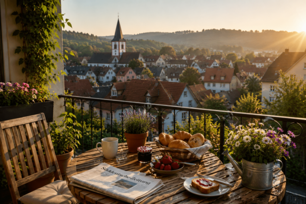 Frühstückstisch auf einem Balkon mit Kaffee, Brötchen und Blick auf ein deutsches Dorf im Sonnenaufgang.