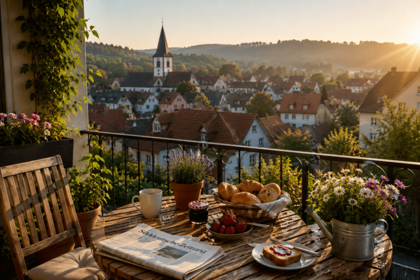 Frühstückstisch auf einem Balkon mit Kaffee, Brötchen und Blick auf ein deutsches Dorf im Sonnenaufgang.