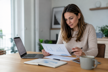 Frau arbeitet konzentriert an einem modernen Schreibtisch mit Laptop und Unterlagen zum Thema Geldanlage und ETFs.