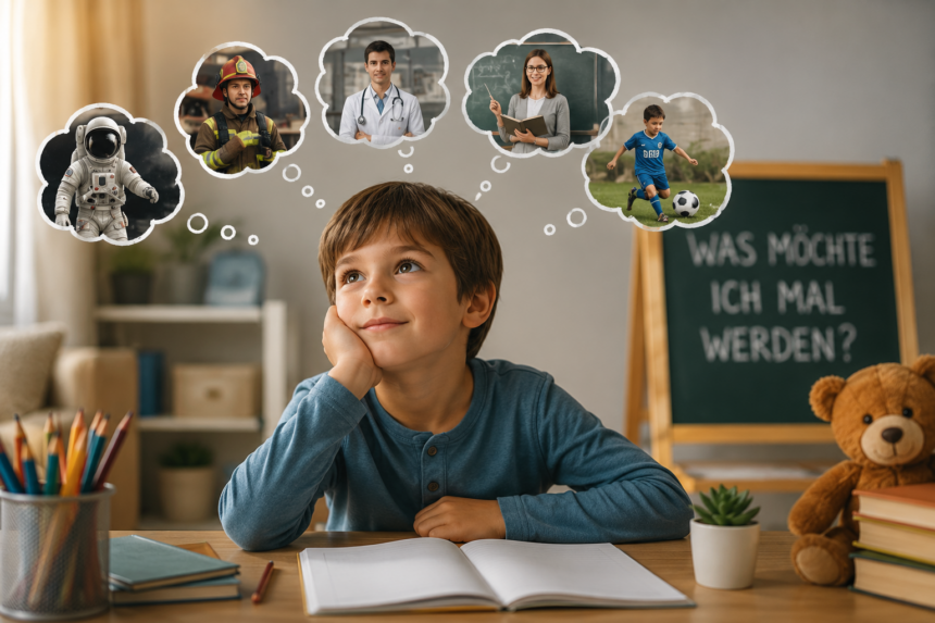 Junge sitzt nachdenklich an einem Schreibtisch und stellt sich verschiedene Berufswünsche wie Astronaut, Feuerwehrmann, Arzt, Lehrerin und Fußballer vor.