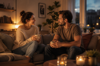 Ein Paar sitzt am Abend im Wohnzimmer auf dem Sofa, trinkt Kaffee und spricht in ruhiger Atmosphäre miteinander.