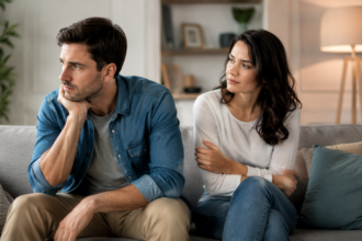 Nachdenkliche Frau sitzt neben ihrem Partner im Wohnzimmer und wirkt innerlich zerrissen, passend zum Thema heimlich verliebt trotz Beziehung.