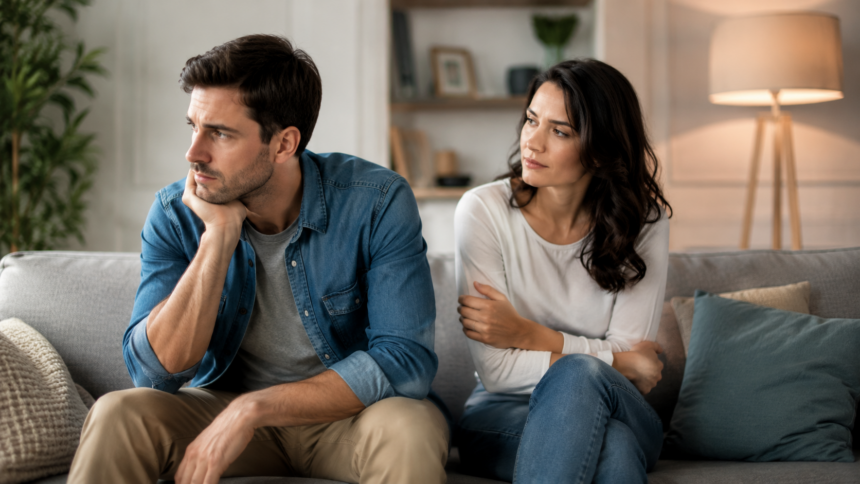Nachdenkliche Frau sitzt neben ihrem Partner im Wohnzimmer und wirkt innerlich zerrissen, passend zum Thema heimlich verliebt trotz Beziehung.
