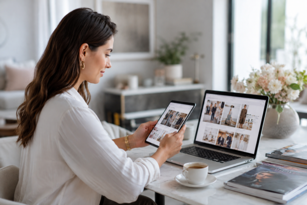 Frau liest auf Smartphone und Laptop verschiedene Online Magazine mit Mode, Lifestyle und Trendthemen.