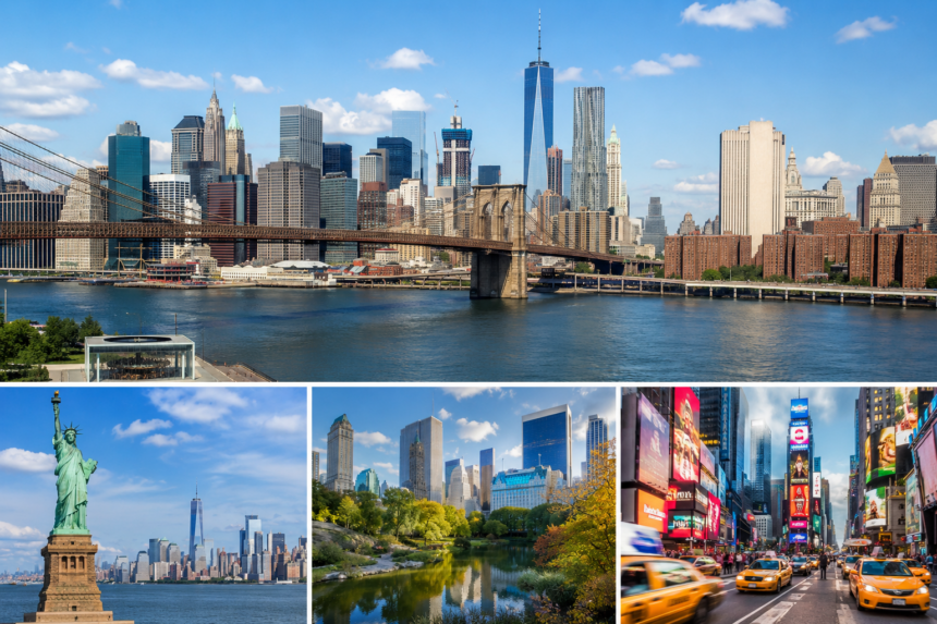 Collage mit New Yorker Sehenswürdigkeiten wie Skyline, Brooklyn Bridge, Freiheitsstatue, Central Park und Times Square.