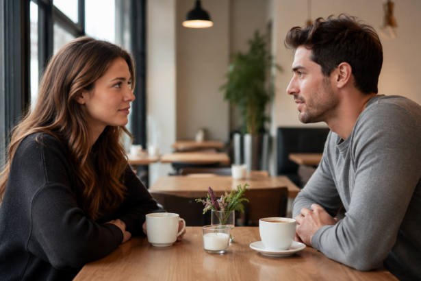 Frau und Mann sitzen sich bei einem Date in einem Café gegenüber und unterhalten sich.