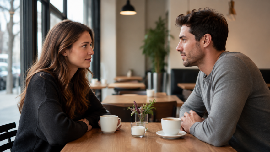 Frau und Mann sitzen sich bei einem Date in einem Café gegenüber und unterhalten sich.