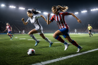 Zwei Fußballspielerinnen sprinten bei Flutlicht über den Rasen und kämpfen während eines Spiels um den Ball.