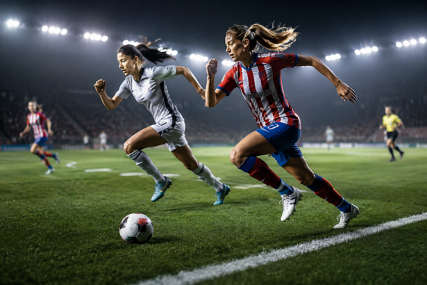 Zwei Fußballspielerinnen sprinten bei Flutlicht über den Rasen und kämpfen während eines Spiels um den Ball.