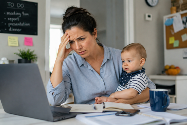 Gestresste Mutter sitzt mit Baby am Laptop und versucht Arbeit, Familie und Alltag gleichzeitig zu bewältigen.