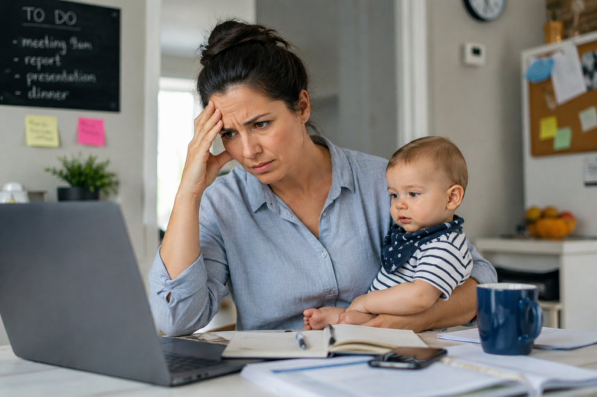 Gestresste Mutter sitzt mit Baby am Laptop und versucht Arbeit, Familie und Alltag gleichzeitig zu bewältigen.
