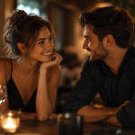 Mann und Frau sitzen sich bei einem romantischen Date gegenüber und schauen sich lächelnd in die Augen.