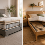 Realistischer Vergleich von Boxspringbett und Bett mit Lattenrost in einem modernen Schlafzimmer: links ein Boxspringbett mit sichtbarem Federkernaufbau, rechts ein Holzbett mit angehobener Matratze und sichtbaren Holzleisten.