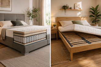 Realistischer Vergleich von Boxspringbett und Bett mit Lattenrost in einem modernen Schlafzimmer: links ein Boxspringbett mit sichtbarem Federkernaufbau, rechts ein Holzbett mit angehobener Matratze und sichtbaren Holzleisten.