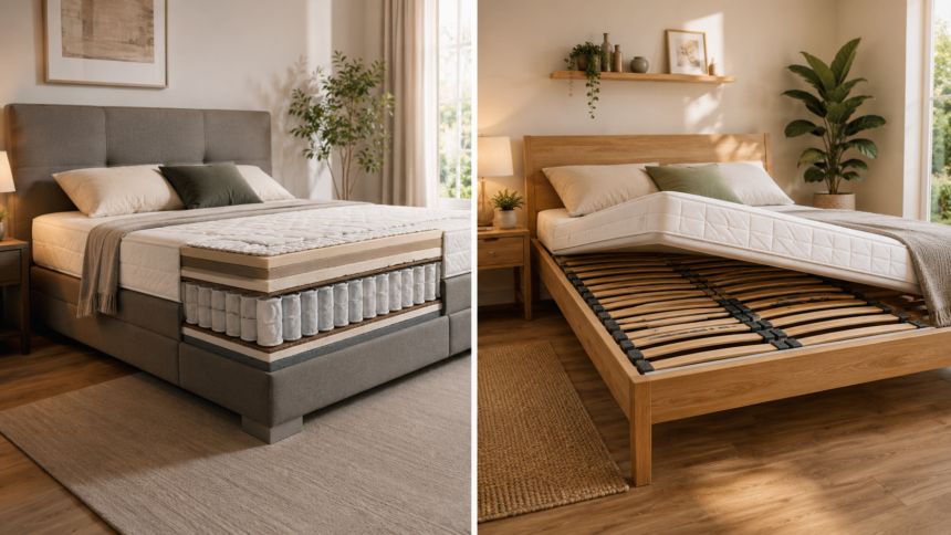 Realistischer Vergleich von Boxspringbett und Bett mit Lattenrost in einem modernen Schlafzimmer: links ein Boxspringbett mit sichtbarem Federkernaufbau, rechts ein Holzbett mit angehobener Matratze und sichtbaren Holzleisten.
