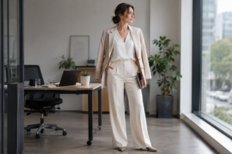 Frau in hellem Business Outfit steht in einem modernen Büro vor großen Fenstern
