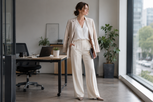 Frau in hellem Business Outfit steht in einem modernen Büro vor großen Fenstern
