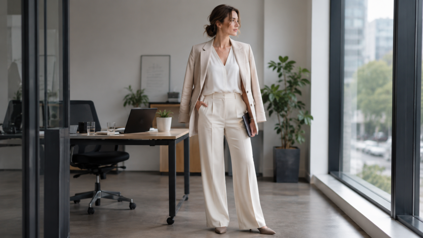 Frau in hellem Business Outfit steht in einem modernen Büro vor großen Fenstern
