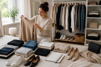 Frau steht vor einer übersichtlich sortierten Capsule Wardrobe mit zeitlosen Basics wie Blazer, Bluse, Jeans, Kleid, Mantel, Sneakern und Pumps