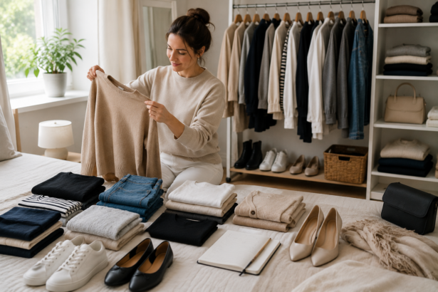 Frau steht vor einer übersichtlich sortierten Capsule Wardrobe mit zeitlosen Basics wie Blazer, Bluse, Jeans, Kleid, Mantel, Sneakern und Pumps