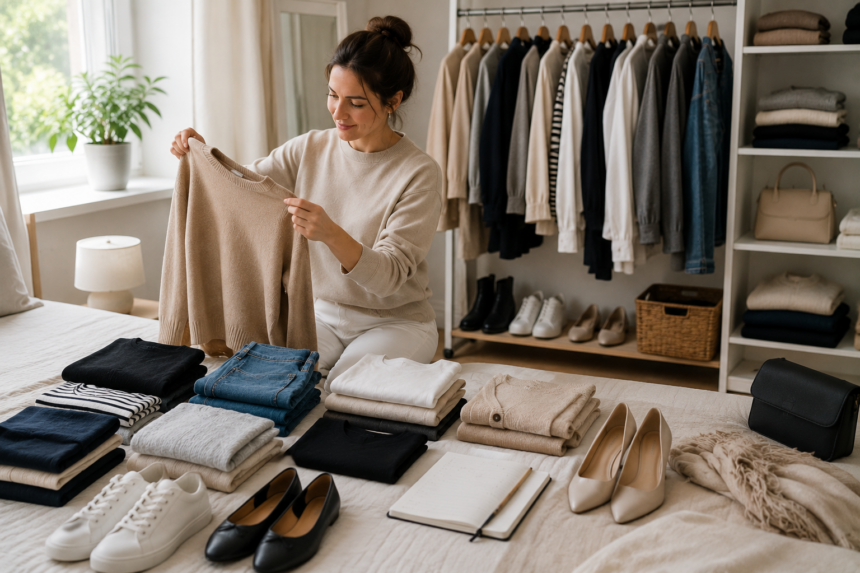 Frau steht vor einer übersichtlich sortierten Capsule Wardrobe mit zeitlosen Basics wie Blazer, Bluse, Jeans, Kleid, Mantel, Sneakern und Pumps