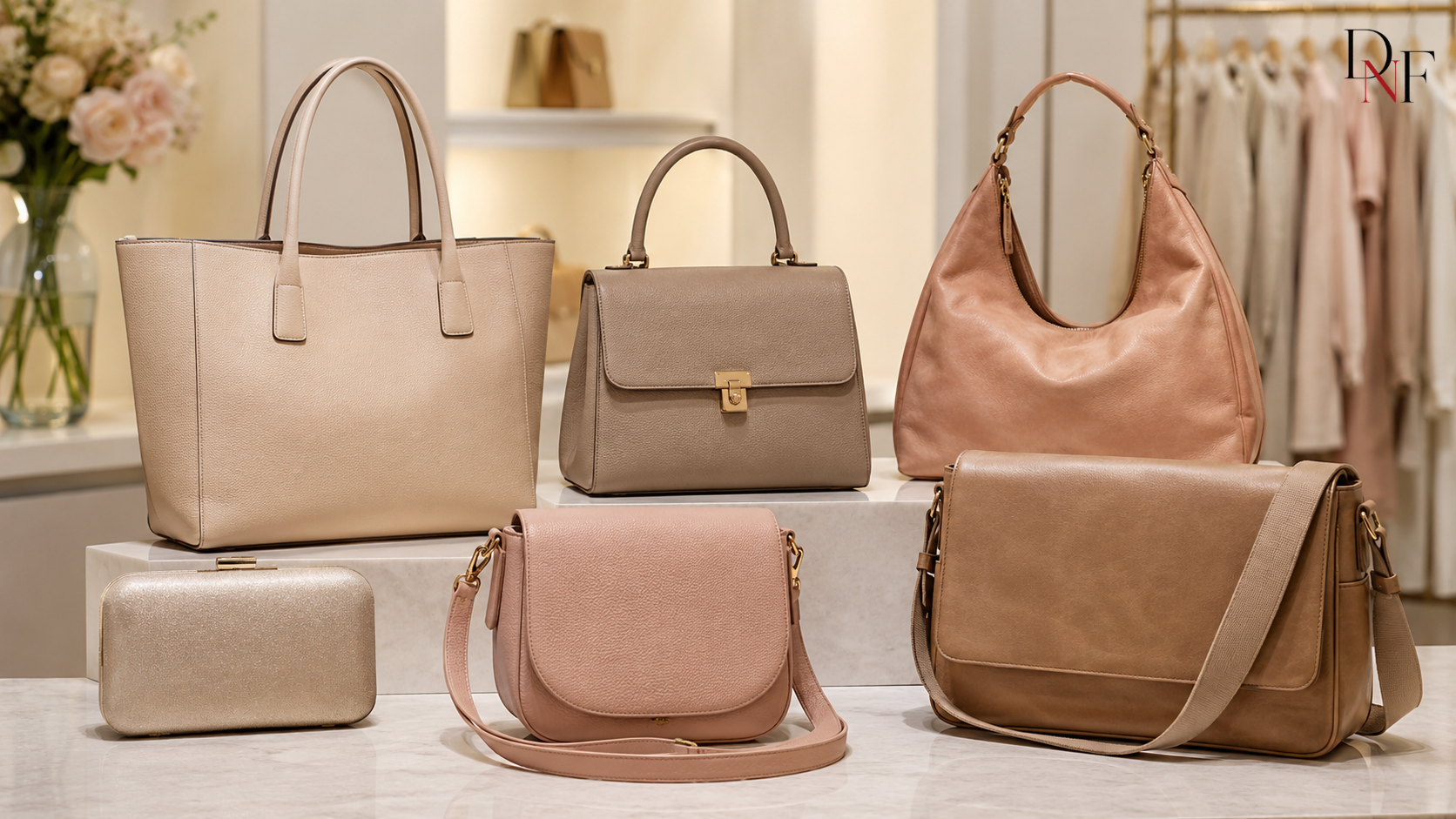 Verschiedene Taschenarten wie Clutch, Shopper, Henkeltasche, Crossbody, Hobo-Bag und Messenger-Bag in einem eleganten Showroom