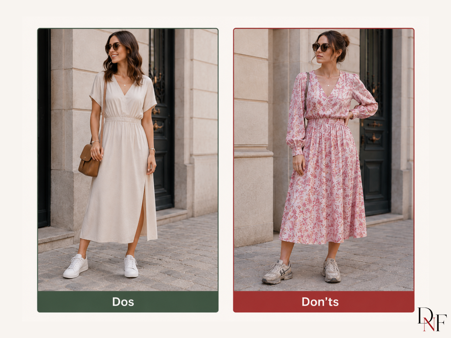 Zwei Outfit-Beispiele zeigen Dos und Don’ts beim Kombinieren von Kleid und Sneakern, links mit sauberen weißen Sneakern und rechts mit abgetragenen Sportschuhen