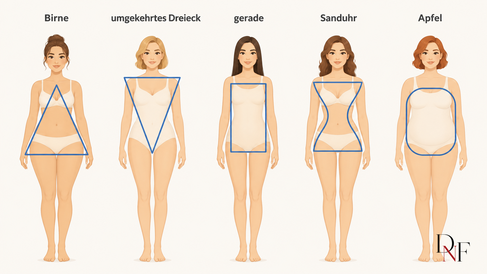 Illustration der fünf Figurtypen Birne, umgekehrtes Dreieck, gerade, Sanduhr und Apfel mit blauen Formlinien