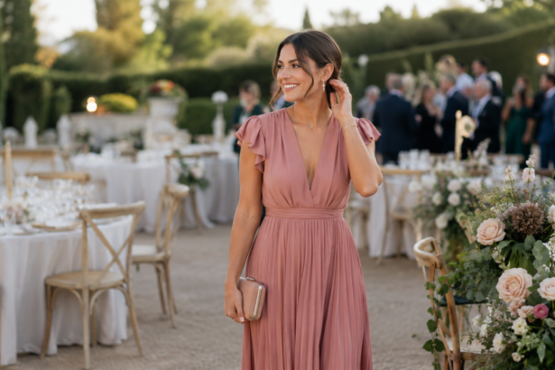 Elegant gekleidete Frau in einem rosafarbenen Kleid bei einer festlichen Gartenhochzeit