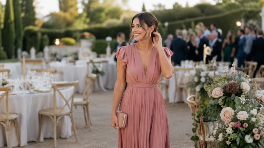 Elegant gekleidete Frau in einem rosafarbenen Kleid bei einer festlichen Gartenhochzeit