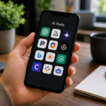 Hand hält ein Smartphone mit verschiedenen KI Tool Apps vor einem Schreibtisch mit Notizbuch und Tasse