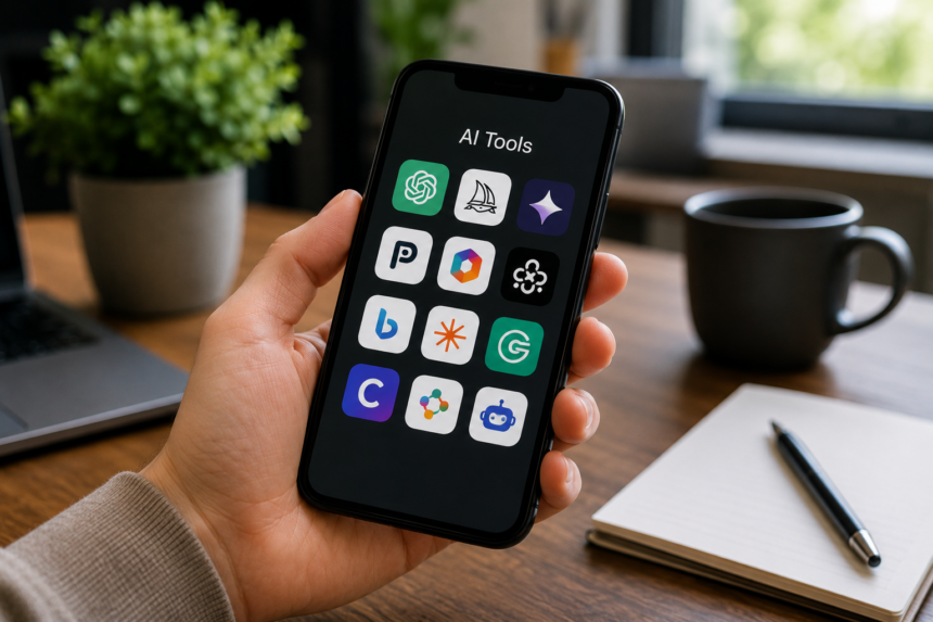 Hand hält ein Smartphone mit verschiedenen KI Tool Apps vor einem Schreibtisch mit Notizbuch und Tasse