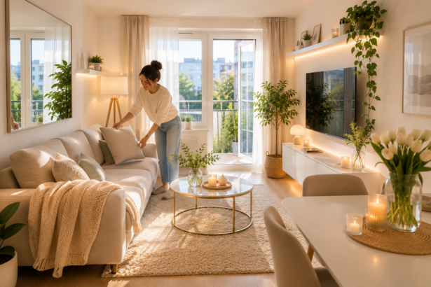 Kleines helles Wohnzimmer mit Spiegel, Sofa, Teppich, Pflanzen, offenem Balkon und mehreren warmen Lichtquellen