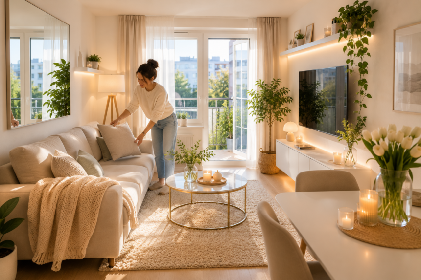 Kleines helles Wohnzimmer mit Spiegel, Sofa, Teppich, Pflanzen, offenem Balkon und mehreren warmen Lichtquellen