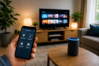 Hand hält ein Smartphone mit Smart-Home-Steuerung vor einem gemütlichen Wohnzimmer mit Fernseher und Sprachassistent