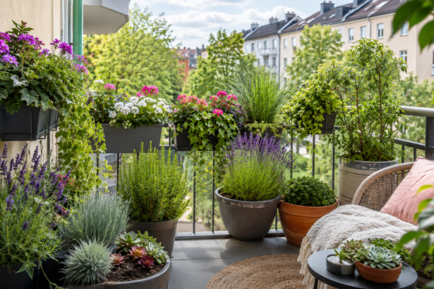 Kleiner Stadtbalkon mit vielen robusten Balkonpflanzen, blühenden Kästen, Lavendel, Gräsern und gemütlicher Sitzecke