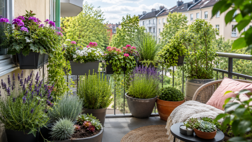 Kleiner Stadtbalkon mit vielen robusten Balkonpflanzen, blühenden Kästen, Lavendel, Gräsern und gemütlicher Sitzecke