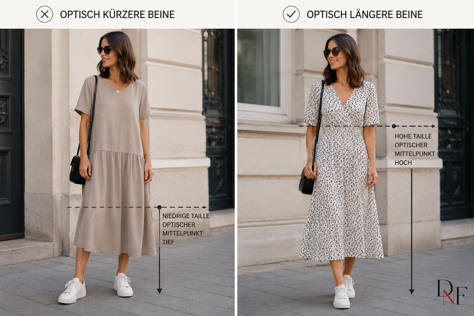 Vergleich zweier Kleider mit Sneakern, bei dem eine hohe Taille die Beine optisch länger wirken lässt