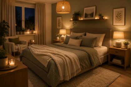 Gemütliches Schlafzimmer mit warmem Licht, weichen Textilien, großem Bett, Kissen, Decken, Nachttischlampen und beruhigenden Naturfarben