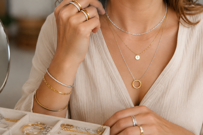 Frau kombiniert goldenen und silbernen Schmuck mit mehreren Ketten, Ringen und Armbändern zu einem stilsicheren Look