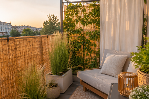 Gemütlicher Balkon mit natürlichem Sichtschutz aus Bambusmatten, Pflanzen, Vorhängen und einer kleinen Lounge-Ecke bei warmem Abendlicht