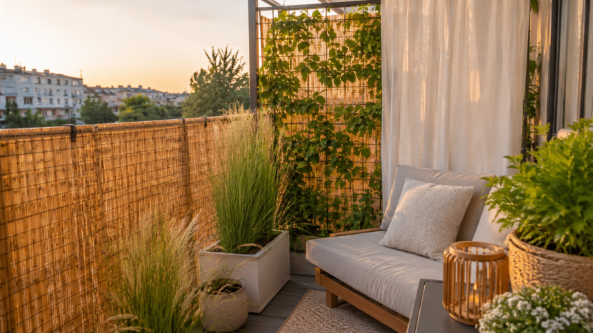 Gemütlicher Balkon mit natürlichem Sichtschutz aus Bambusmatten, Pflanzen, Vorhängen und einer kleinen Lounge-Ecke bei warmem Abendlicht