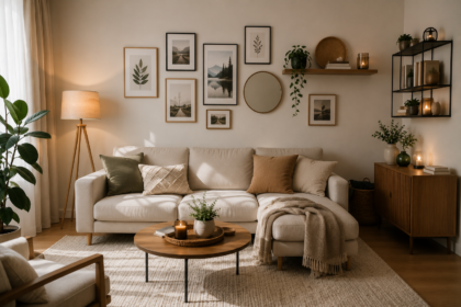 Gemütliches Wohnzimmer mit Bilderwand, Spiegel, Wandregalen, Pflanzen, Kerzen und textiler Dekoration über einem hellen Sofa