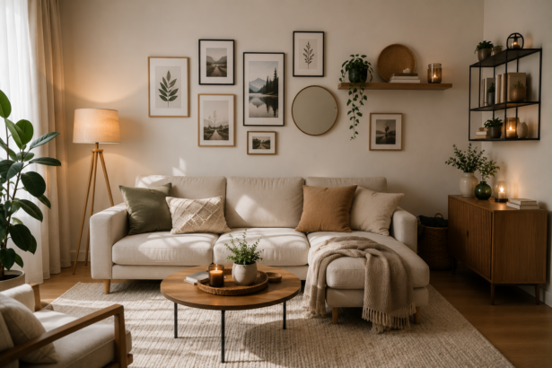 Gemütliches Wohnzimmer mit Bilderwand, Spiegel, Wandregalen, Pflanzen, Kerzen und textiler Dekoration über einem hellen Sofa