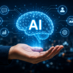 Leuchtendes digitales Gehirn mit dem Schriftzug AI schwebt über einer geöffneten Hand vor dunklem technologischem Hintergrund
